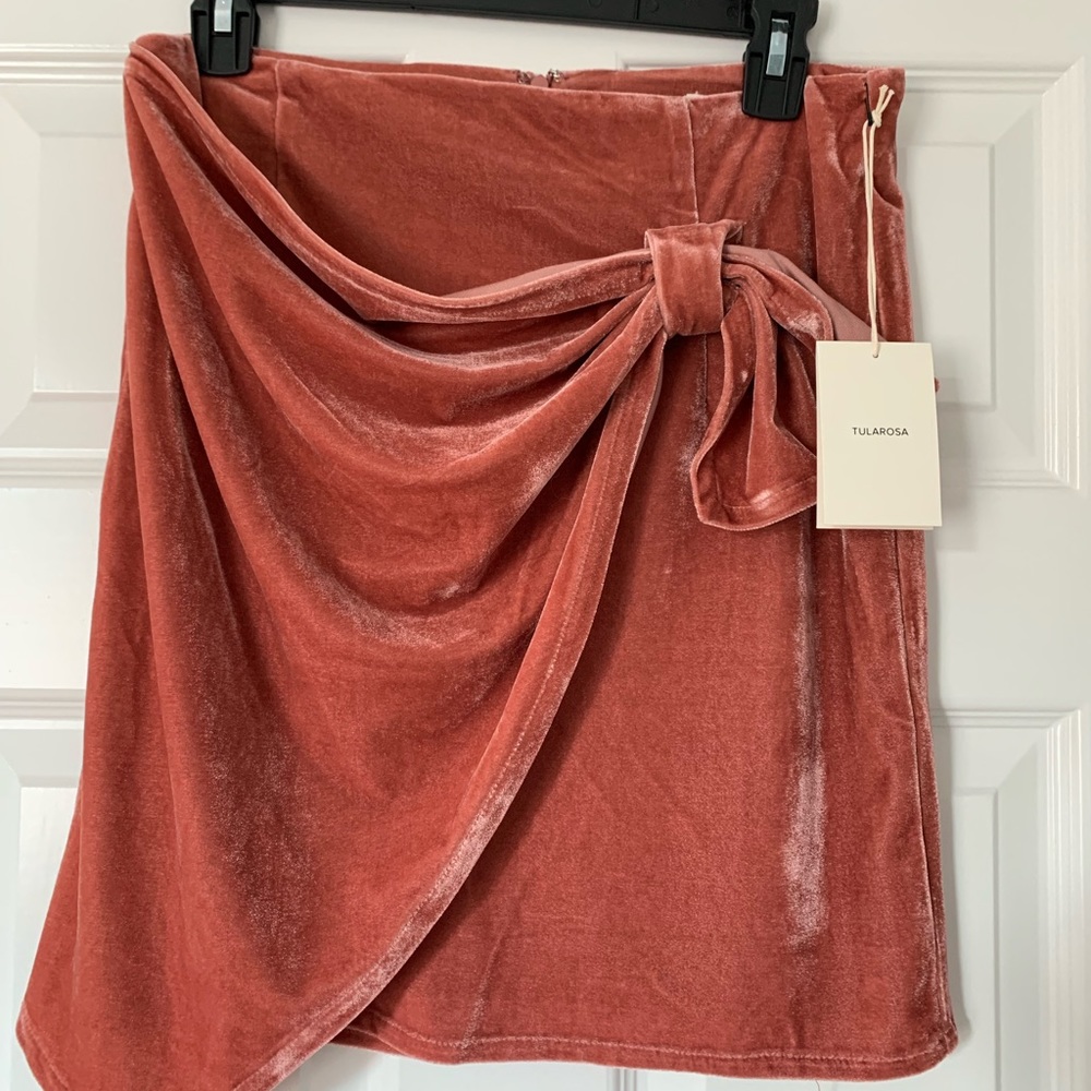 Tularosa Rust Velvet Mini Skirt with Draped Knot